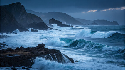 Majestic ocean waves crashing on rocky shore under moody sky
