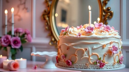 Birthday cake,  elegant birthday cake decorated with pastel macarons, whipped cream, and edible blossoms, with soft ambient lighting creating a dreamy atmosphere
