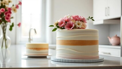 Birthday cake,  a minimalist yet elegant birthday cake with smooth fondant icing, subtle ombre tones, placed on a sleek marble countertop to the left