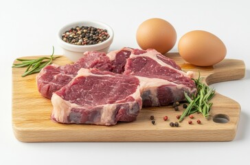 Fresh Cuts of Juicy Red Meat on a Wooden Cutting Board with Eggs and Peppercorns Ready for Cooking and Culinary Preparation in the Kitchen