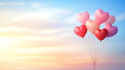 Fototapeta premium A seamless pattern of heart-shaped balloons floating in the sky, vibrant red and pink shades, soft gradient background, festive and uplifting mood