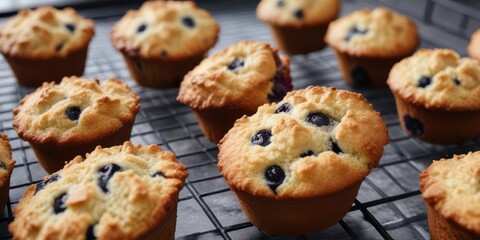 A batch of freshly baked blueberry muffins on a cooling rack with a golden brown streusel topping, baking, breakfast