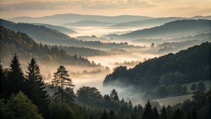 Obraz premium misty valley landscape with rolling hills and dense forests at sunrise
