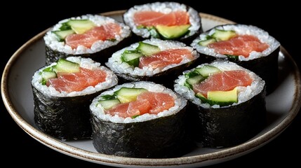 Close-up of Eight Maki Sushi Rolls with Tuna and Avocado on a Plate