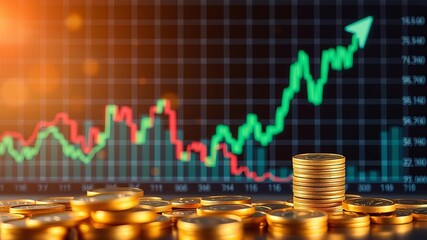 Golden coins arranged in a column, with a line graph in the background showing a steady increase in value, shiny, analysis