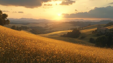 Fototapeta premium Golden Wheat Field Sunset Landscape Rolling Hills Rural Church Scenic Vista