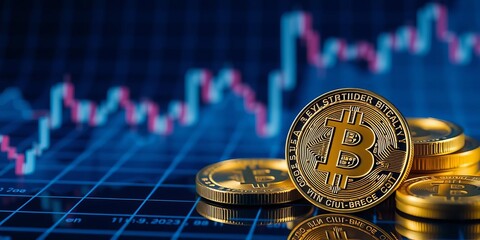 Gold bitcoins with candlestick graph chart on digital background, showing the mining process and blockchain technology, virtual money, graph