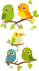 Four Adorable Cartoon Birds Perched on Branches with Leaves