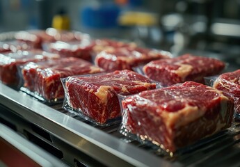 Obraz premium Fresh Cuts of Meat Wrapped in Clear Plastic Packaging Displayed on a Stainless Steel Counter in a Commercial Kitchen Environment