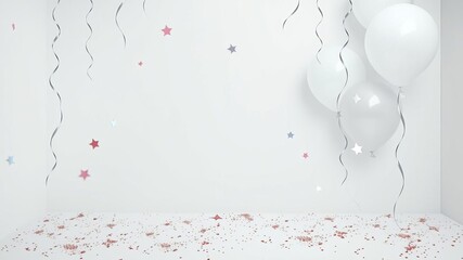 Glittery balloon-shaped cutouts float in a celebratory pattern on white surface, with space for custom content in the center, glitter, surface