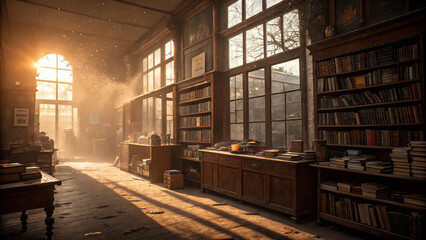 serene library bathed in golden hour light, filled with books and dust particles