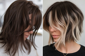 A hairstyle before and after a trendy haircut or dye