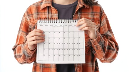 Person reviewing monthly calendar, planning schedule, time management concept