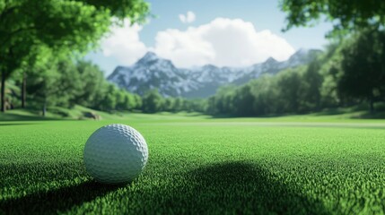 Fototapeta premium Golf ball resting on lush green fairway with scenic mountains and blue sky in the background showcasing a serene golfing environment