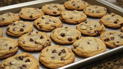 Deliciously Golden Chocolate Chip Cookies Cooling on a Baking Tray in a Kitchen Setting