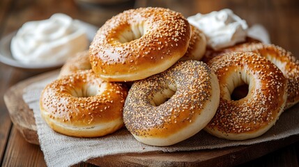 Assorted freshly baked bagels topped with cream cheese on a rustic wooden board stylishly presented for breakfast or brunch settings