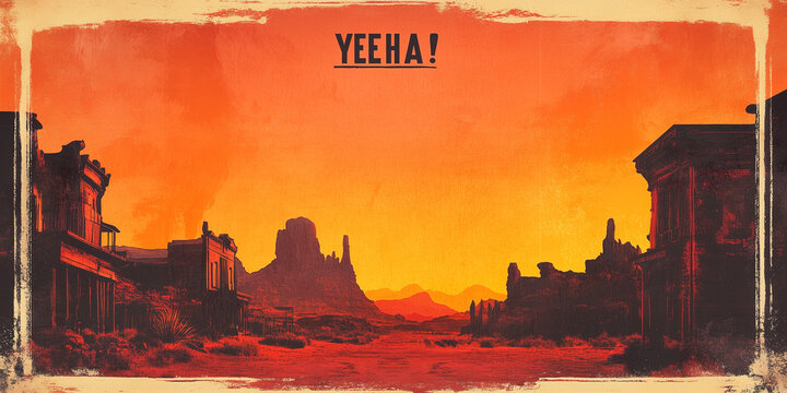 old western town at sunset blank invitation design with YEEHA! and text space and cowboy border