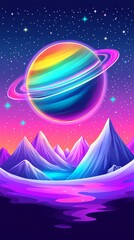 Fototapeta premium Rainbow Planet with Rings Over a Purple and Pink Mountain Range at Night