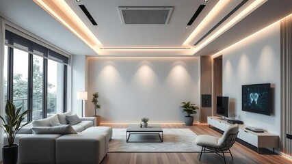 Fototapeta premium Futuristic smart home interior with AI technology, minimalist design, and sleek finishes, design, advanced