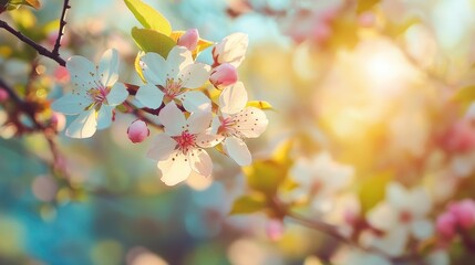 Blooming ornamental tree with pink and white flowers in sunlight against a soft blue sky capturing the essence of spring in nature.
