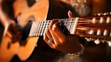 Fototapeta premium Woman playing acoustic guitar with a diamond ring