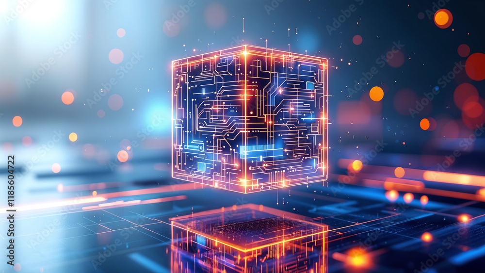 Poster holographic technology cube processor interface. generative ai