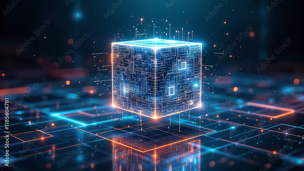 Poster holographic technology cube processor interface. generative ai