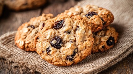 Golden Oatmeal Raisin Cookies Stacked on Rustic Burlap Cloth for Cozy Baking Vibes