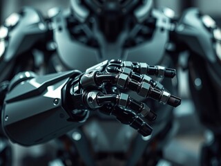 Fototapeta premium Futuristic robot with glowing LED eyes in a dark industrial setting, close up, artificial intelligence