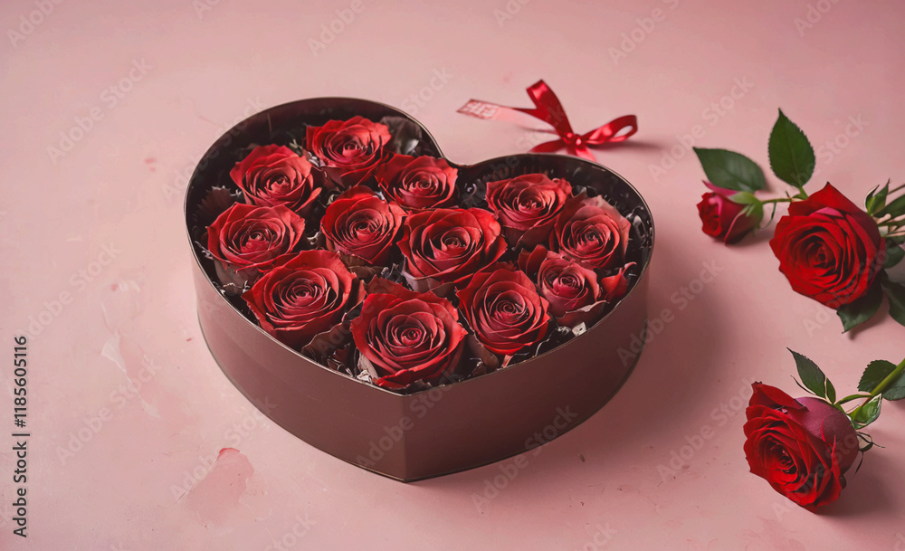 Aufkleber Heart shaped box with red roses in it. There are also red roses on the table. The roses are arranged in a way that they look like they are hugging the box