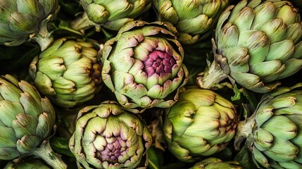 Fototapeta premium Fresh globe artichokes displayed at a farmers market in a top view arrangement showcasing their vibrant colors and unique textures.