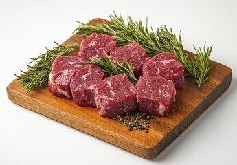 Fresh Cuts of Red Meat on Wooden Cutting Board Surrounded by Sprigs of Rosemary and a Mix of Colorful Peppercorns Ideal for Culinary Delight