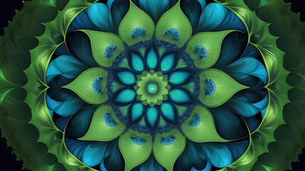 Abstract a vibrant green and blue fractal mandala background design. Creating a sense of joy and happiness.