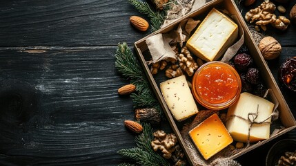 Gift box featuring artisan Cheddar cheese orange jam assorted nuts and dried fruits arranged on a rustic dark wooden background