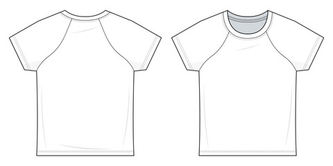 Raglan Baby Tee Technical Fashion Illustration. Slim Fit Baby Tee Vector Template. Front and Back View. Classic Essential Ladywear. Crew Neckline. Short Raglan Sleeves. White Color. CAD Mockup.