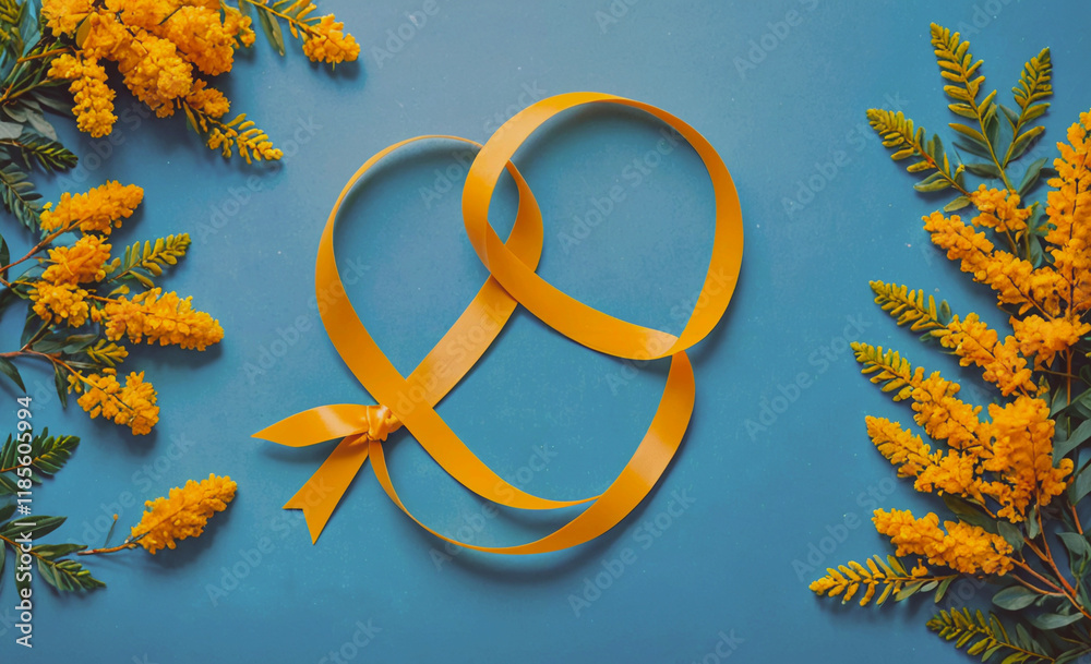 Poster yellow ribbon is tied in a bow and is placed on a blue background. the ribbon is in the shape of a h