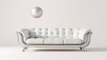 Futuristic chrome sofa in desert with floating metallic spheres, minimalist, barren