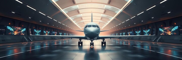 Fototapeta premium Futuristic airplane on glowing runway, runway, technology