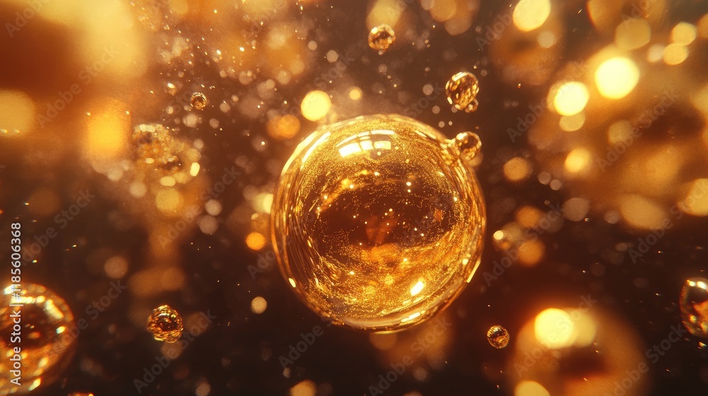 Poster golden bubbles floating in a dark background shimmering with light reflections