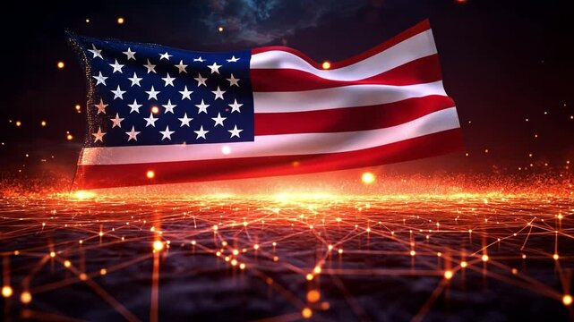 The American flag waves gracefully, set against a vibrant digital background filled with sparks and glowing lines, conveying a sense of innovation and pride.