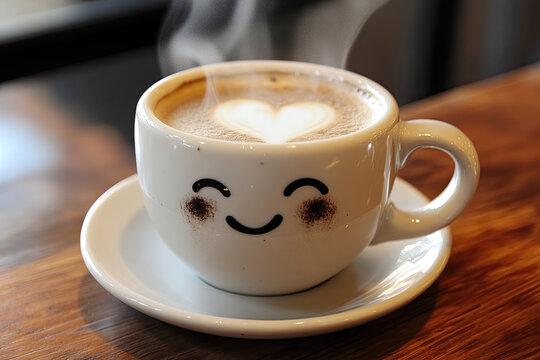 A coffee mug with steam shaped like a heart, winking as it sits on a saucer