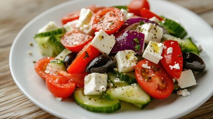 Vibrant Greek salad featuring cherry tomatoes, cucumbers, olives, and feta cheese on a white plate ideal for healthy food promotions