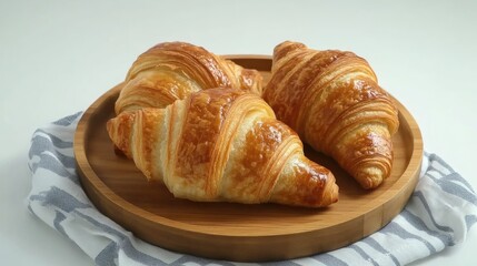 Warm Golden Croissants on Wooden Plate Surrounded by Striped Fabric Ideal for Bakery or Culinary Advertisements