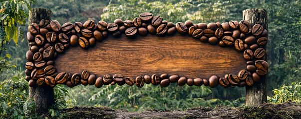 Wooden sign decorated with coffee beans, rustic coffee plantation