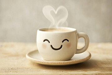 Fototapeta premium A coffee mug with steam shaped like a heart, winking as it sits on a saucer