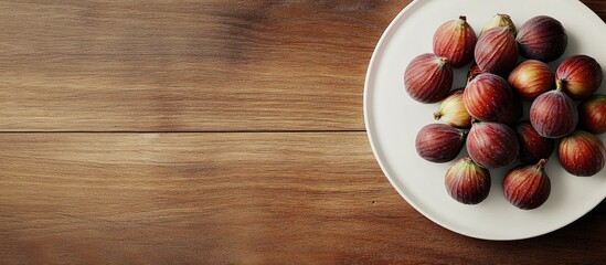 Obraz premium Fresh figs arranged on a white plate atop a wooden table providing ample space for text and creative culinary presentations.