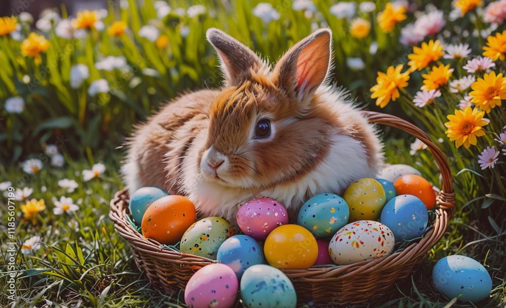 Poster rabbit is laying in a basket full of easter eggs. the basket is full of eggs of different colors