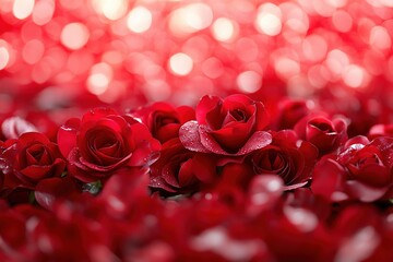 A close-up view of vibrant red roses surrounded by a blurred background of soft, shimmering lights.