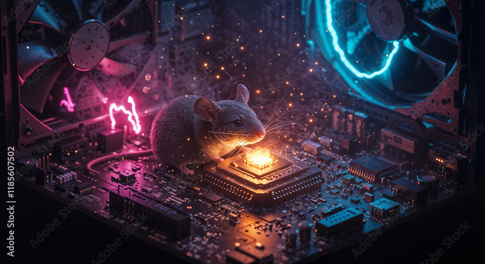 Poster the mouse sits inside the computer and heats up near the processor . Generative AI