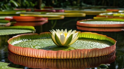 Giant Water Lily with Expansive Leaf and Blooming Flower on Serene Water Surface